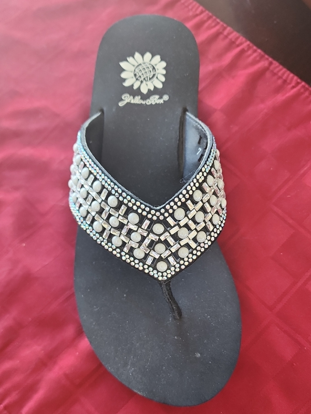 Yellow Box Black Jeweled V-strap Sandal
